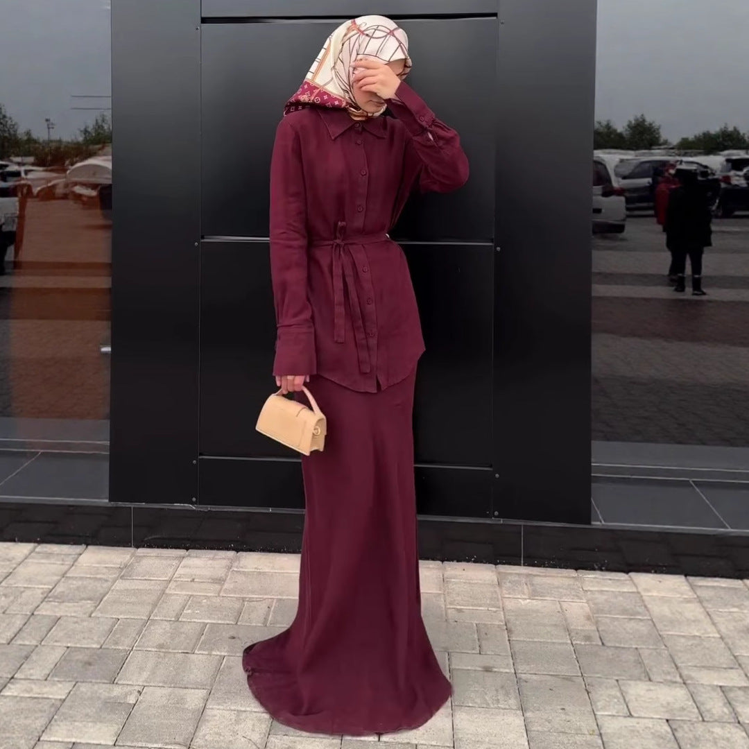 Autumn Minimalist Chic Long-sleeve Lace-up Maxi Dress