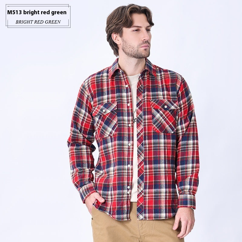 Vintage Flannel Men's Long Sleeve Brushed Plaid Shirt Coat