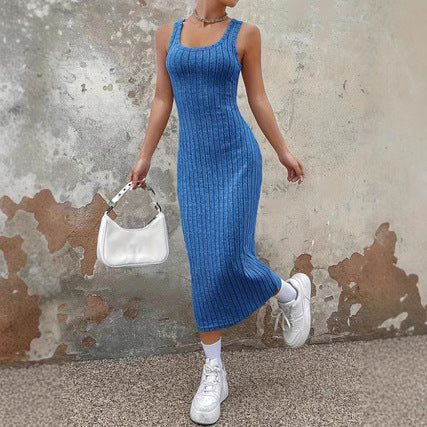 Solid Color Ribbed Matte Vest Style Long Dress Womens Style
