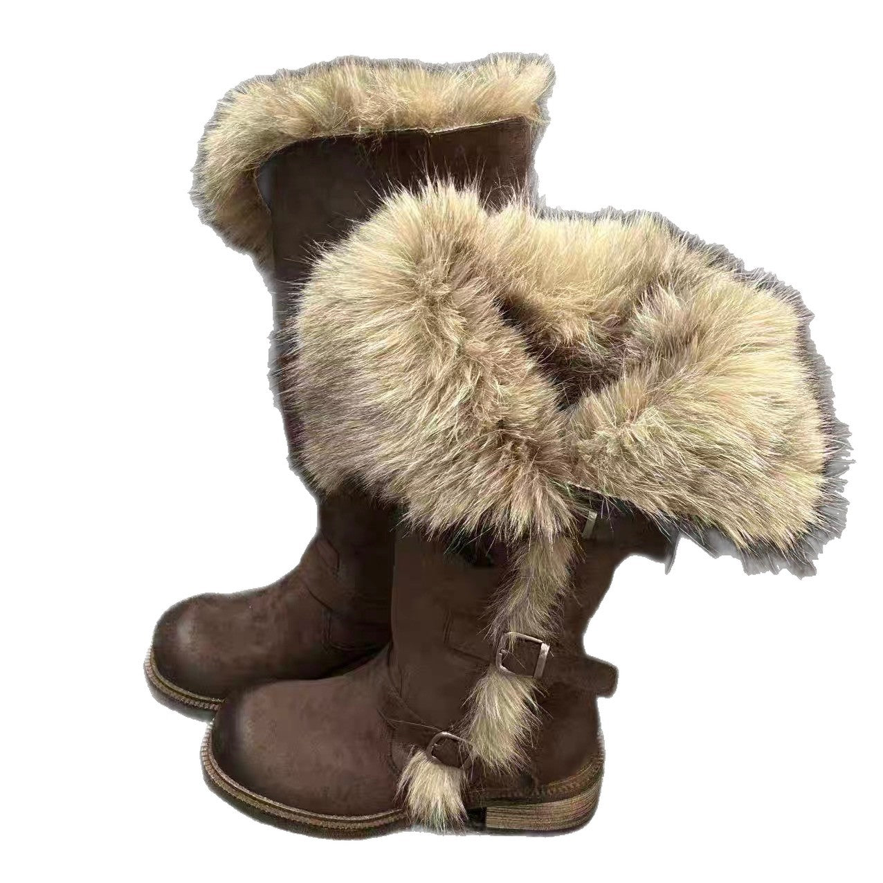 New Winter Retro Chic All-Match Leather-Buckle High-Top Furry Snow Boots For Women