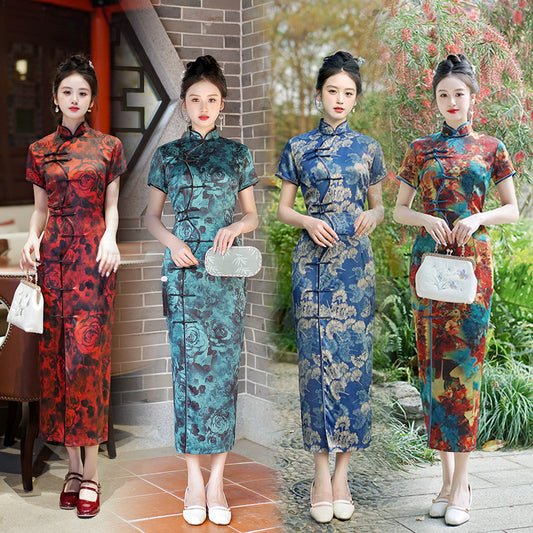 Elegant Cheongsam Maxi Dress Chic One-piece Dress Affordable Vintage-style Performance Outfit For Moms