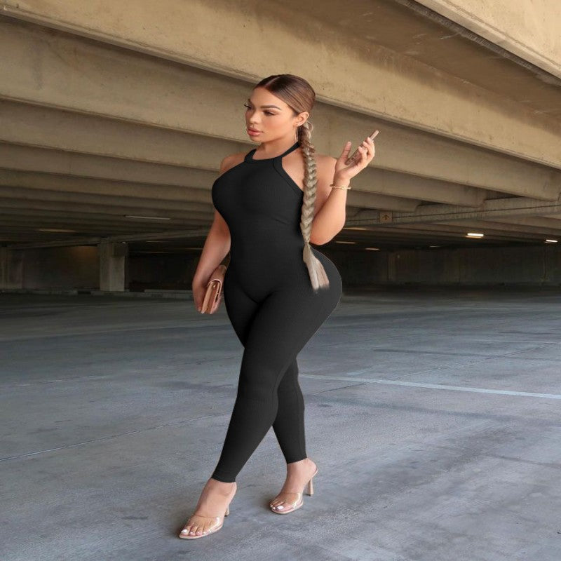 Women's Sling Pure Color Tight High Top Sports Jumpsuit