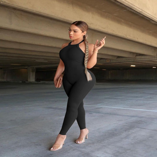 Women's Sling Pure Color Tight High Top Sports Jumpsuit