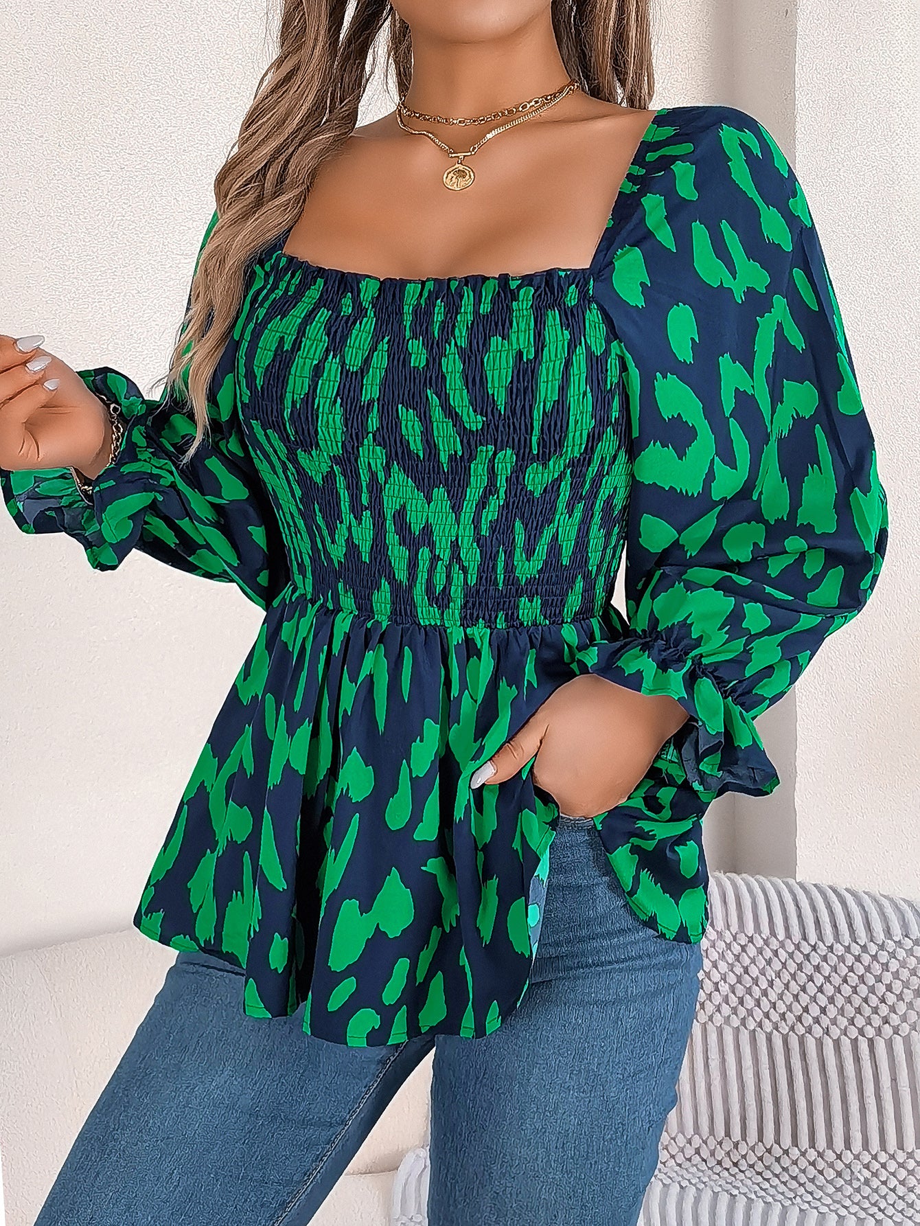 Women's Casual Ruffle Trim Square Neck Leopard Print Long Sleeve Chiffon Top