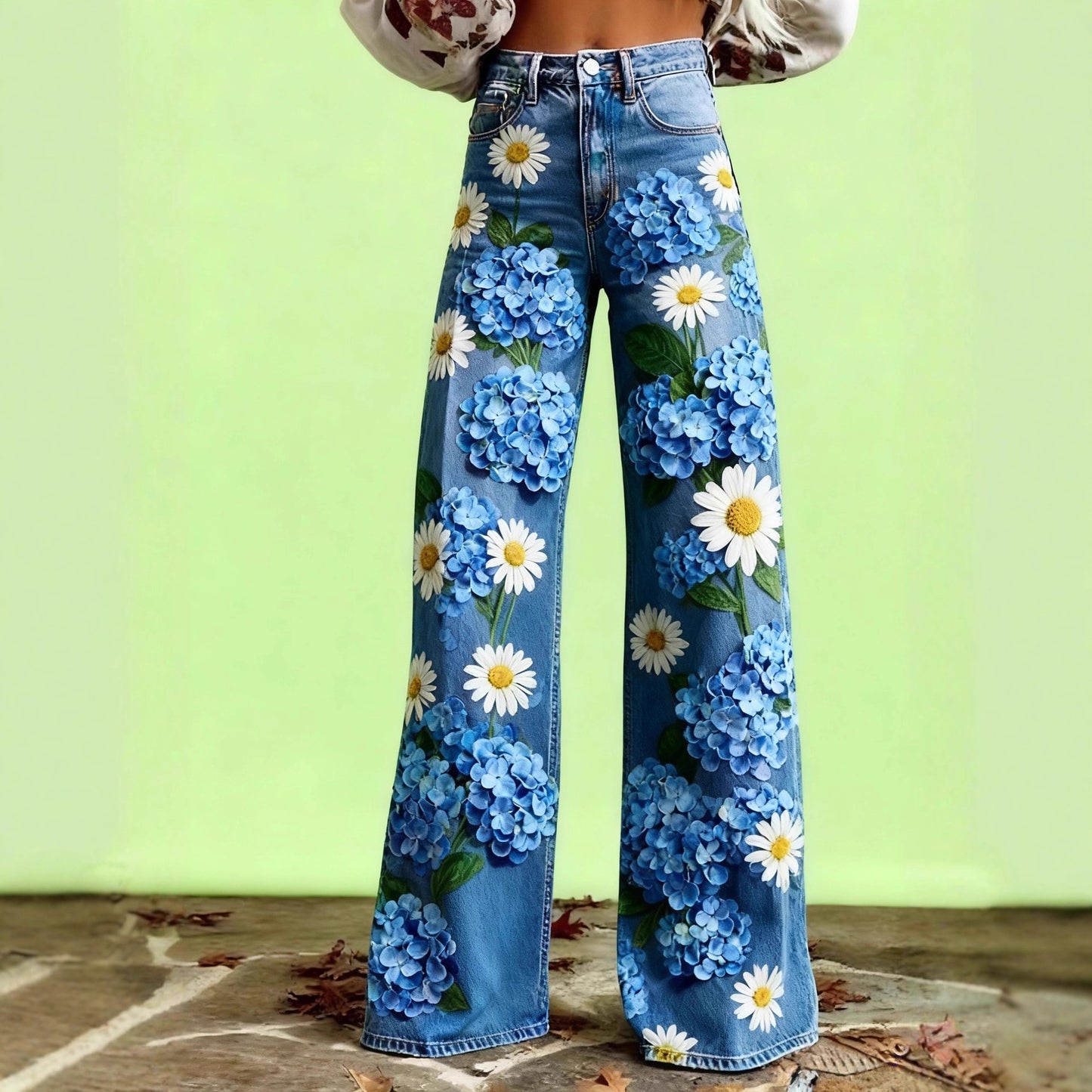 Floral-patterned Slim-fit Faux Denim Wide-leg Pants