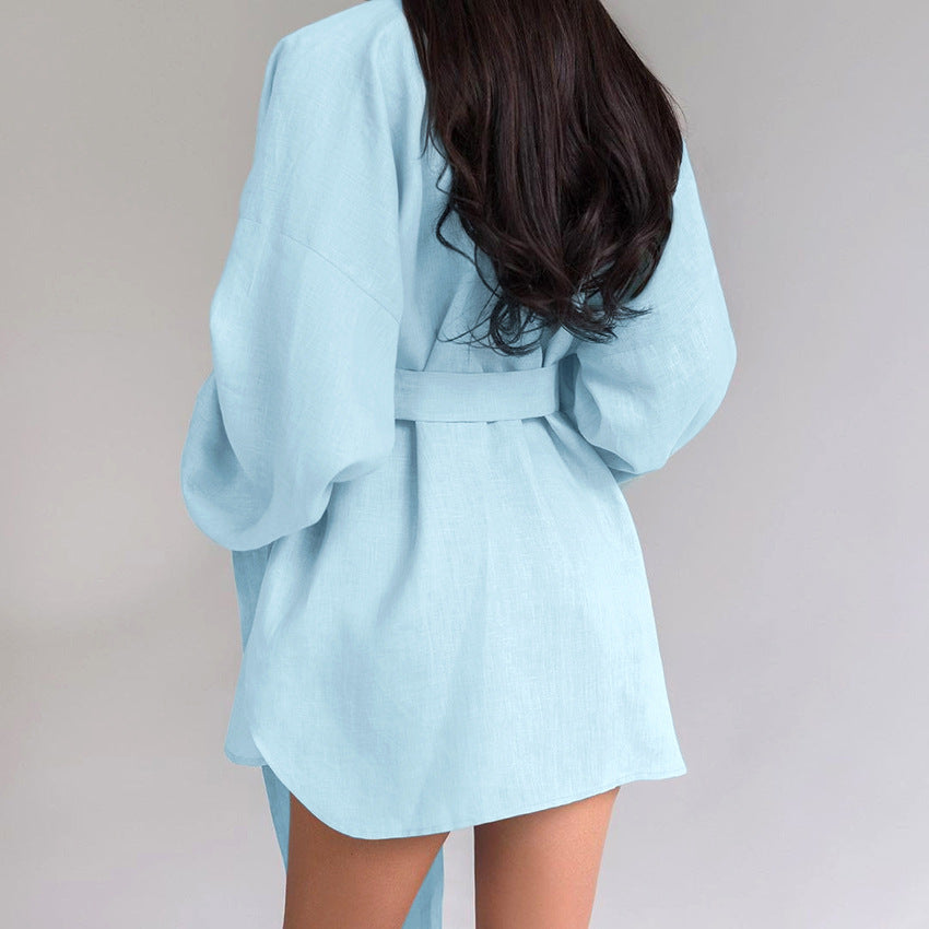 Long-sleeve Robe Underwear And Shorts Three-Piece Set Womens Loungewear
