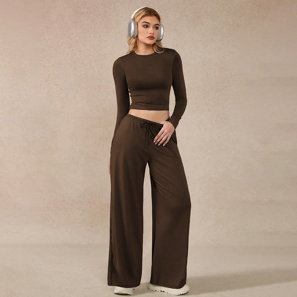 Womens Long-sleeve Cropped Midriff-baring Top And Wide-leg Casual Pants Set