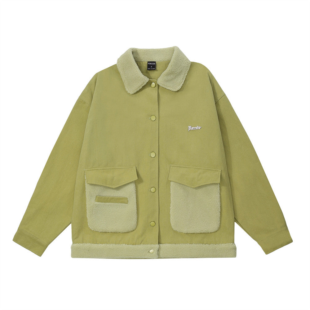Contrast Color Pocket Stitching Lamb Wool Polo Collar Jacket