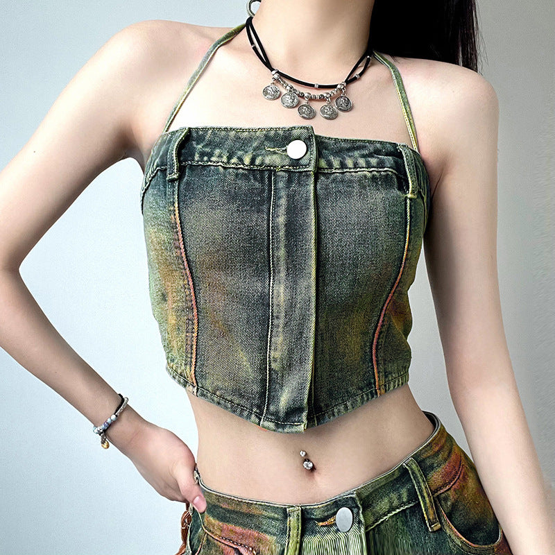 Hot Girl Washed And Worn Zip Tube Denim Vest Top