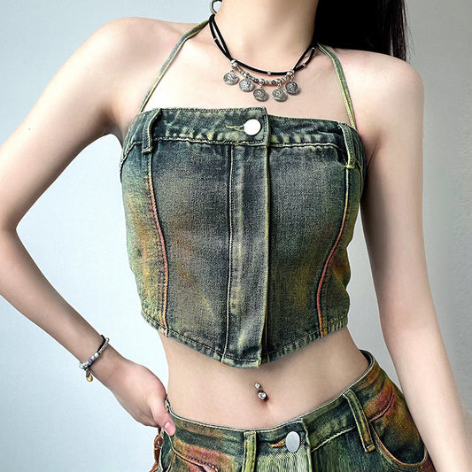 Hot Girl Washed And Worn Zip Tube Denim Vest Top