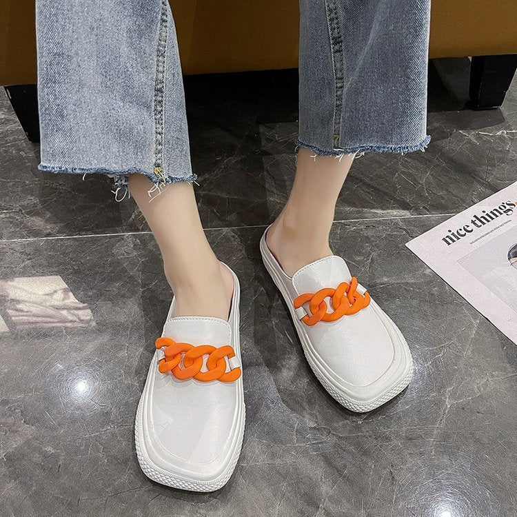 Color Matching Baotou Small White Shoes Half Drag Women's Shoes