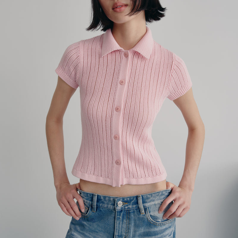 Flip Collar Hollowed Out Knitted Cardigan With Ice Silk Breathable T-shirt