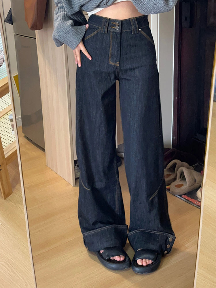 Retro High Street Denim Turn Over Button Straight Loose-fitting Mopping Pants Women