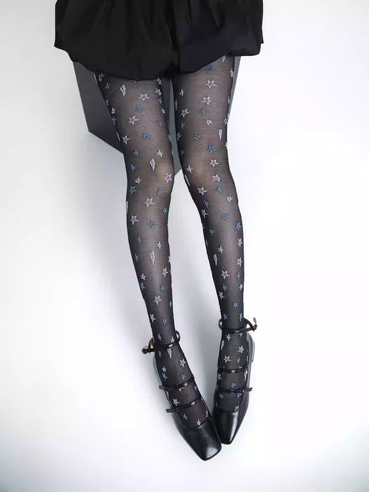 Thin White And Blue Five-pointed Star Romper Stockings For Women