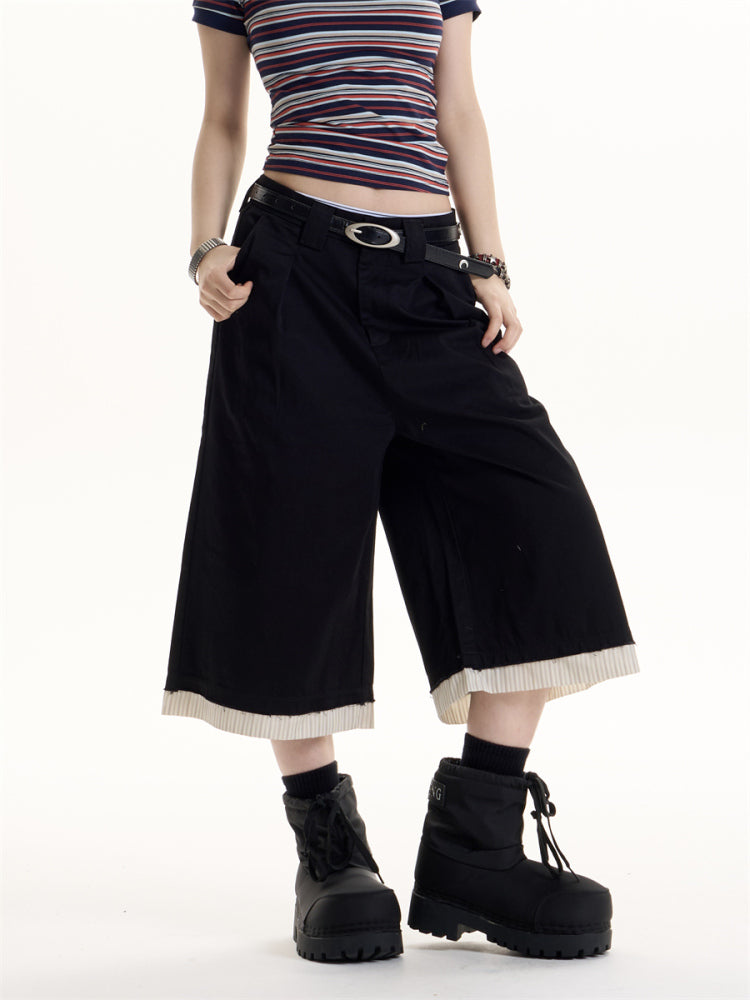American Retro Hot Girl Patchwork Stripes Pleated Casual Shorts