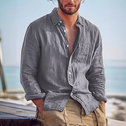 Summer Stand Collar Cotton And Linen Casual Solid Color Shirt