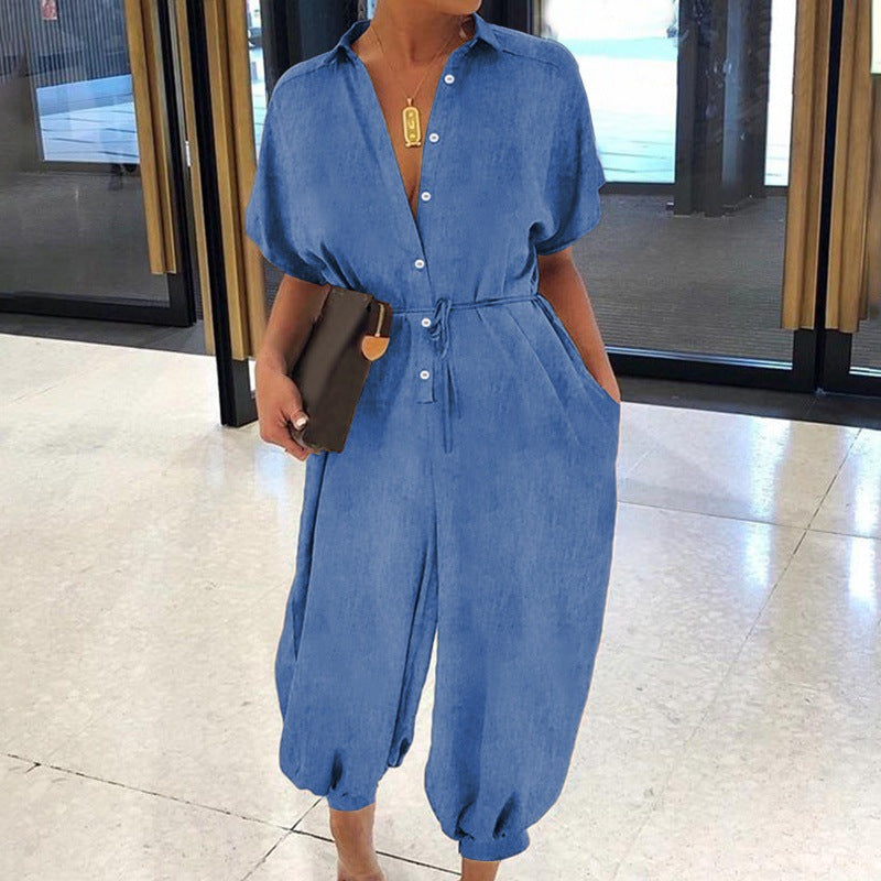 Solid Color Plus Size Casual Short Sleeve Denim Jumpsuit