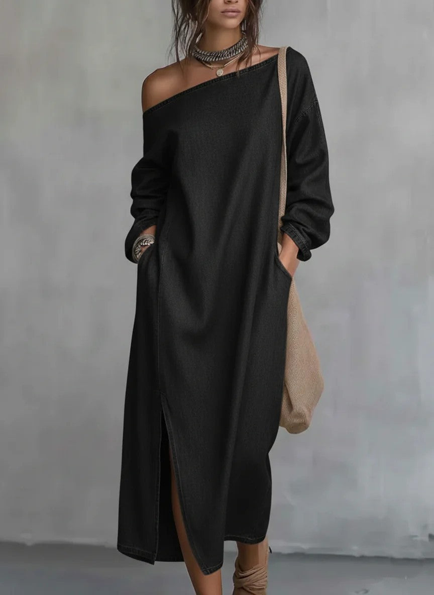 Fashionable Off-the-shoulder Slit Straight-leg, Loose-fitting Long Dress