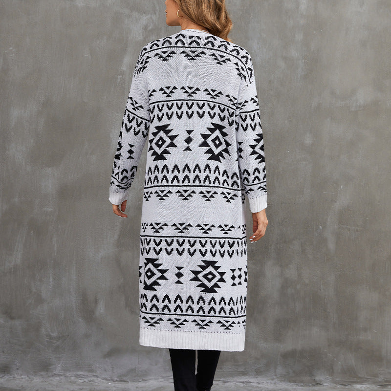Jacquardstrikket Sweaterjakke Afslappet Strikket Lang Cardigan