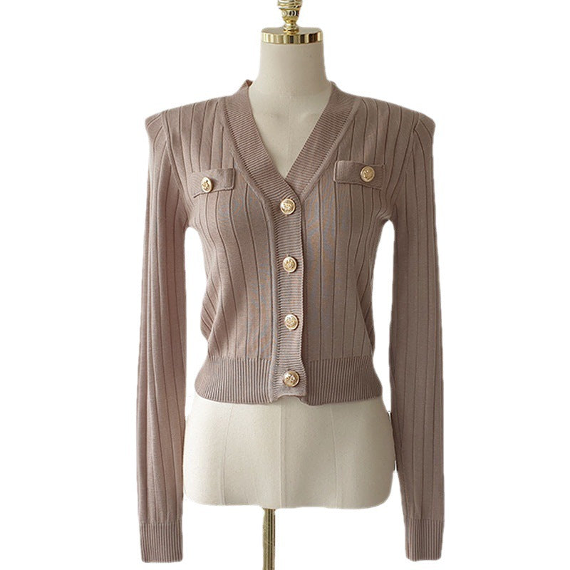 V-neck Slim-fit Slim-fit Right-angle Shoulder Long-sleeved Knitted Cardigan