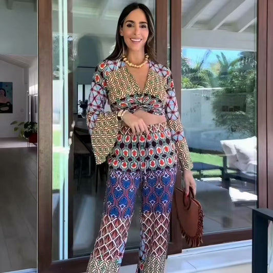 Women's Fashion Knot Print Top Wide-leg Pants