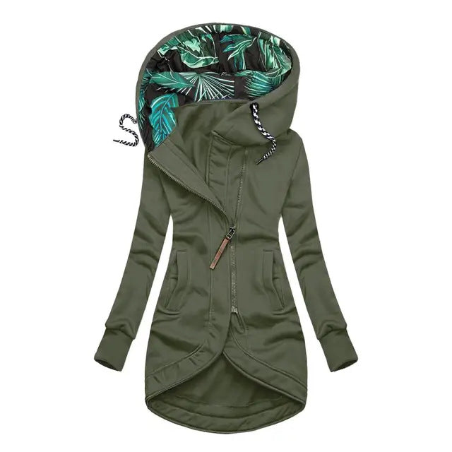 Womens Solid-Color Zip-Up Hoodie With Print And Long Sleeves