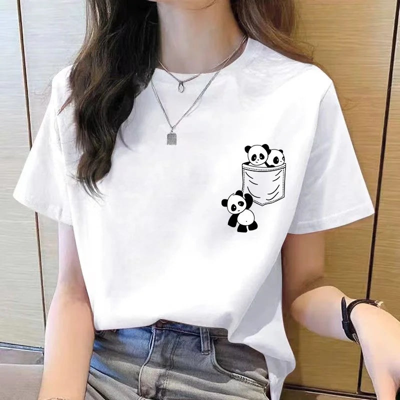 Women's Short Sleeved Coat Summer Pocket Panda Cartoon Print