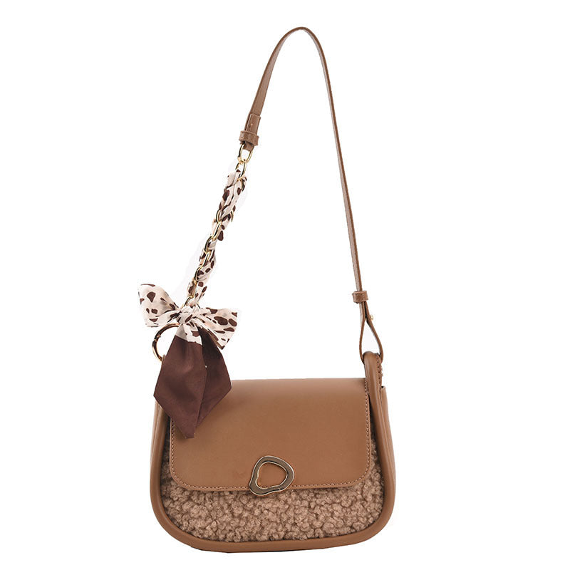 Stitching Lamb Velvet PU Small Round Bag