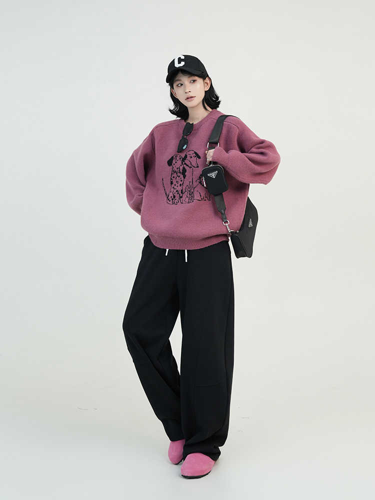 Cartoon Printed Round Neck Long Sleeve Knitted Sweater For Women