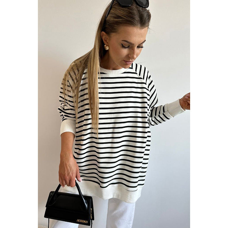 Striped Sweater Round Neck Pullover Top For Women
