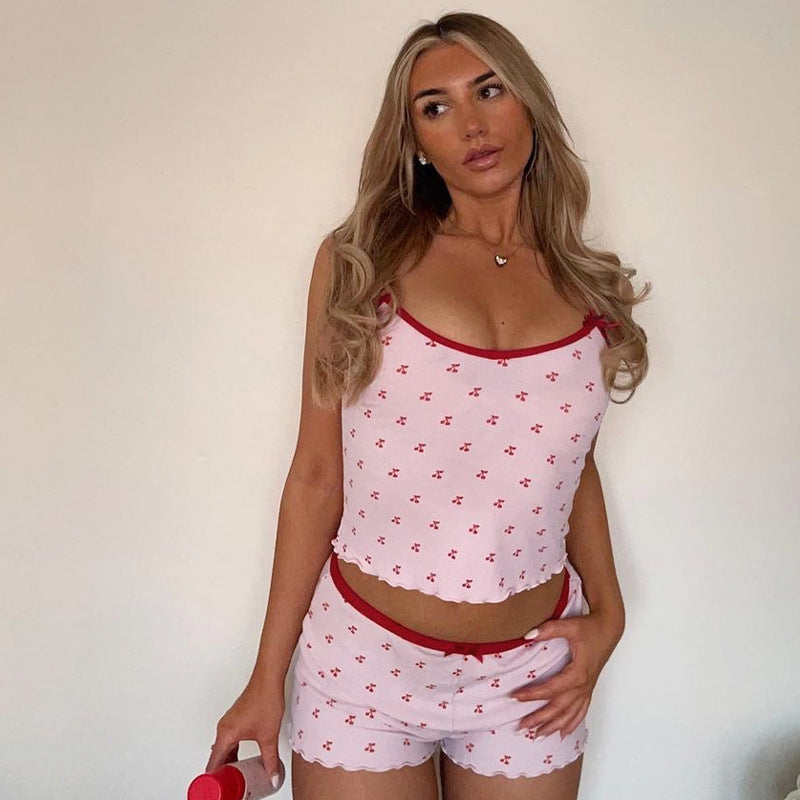Cherry-printed Camisole T-shirt And Shorts Pajama Set