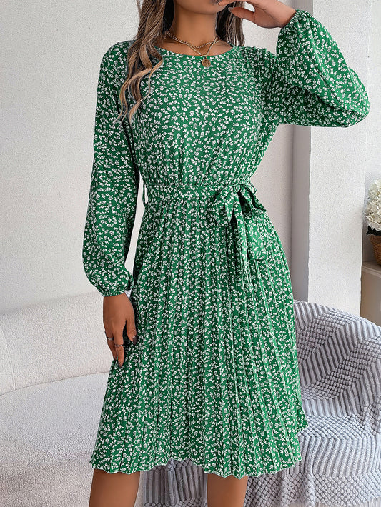 Women's Casual Long Sleeve Floral Flared Pleated Skirt