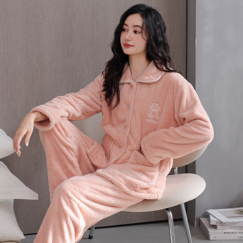 Womens Flannel Pajama Set With Thick Fleece Lining