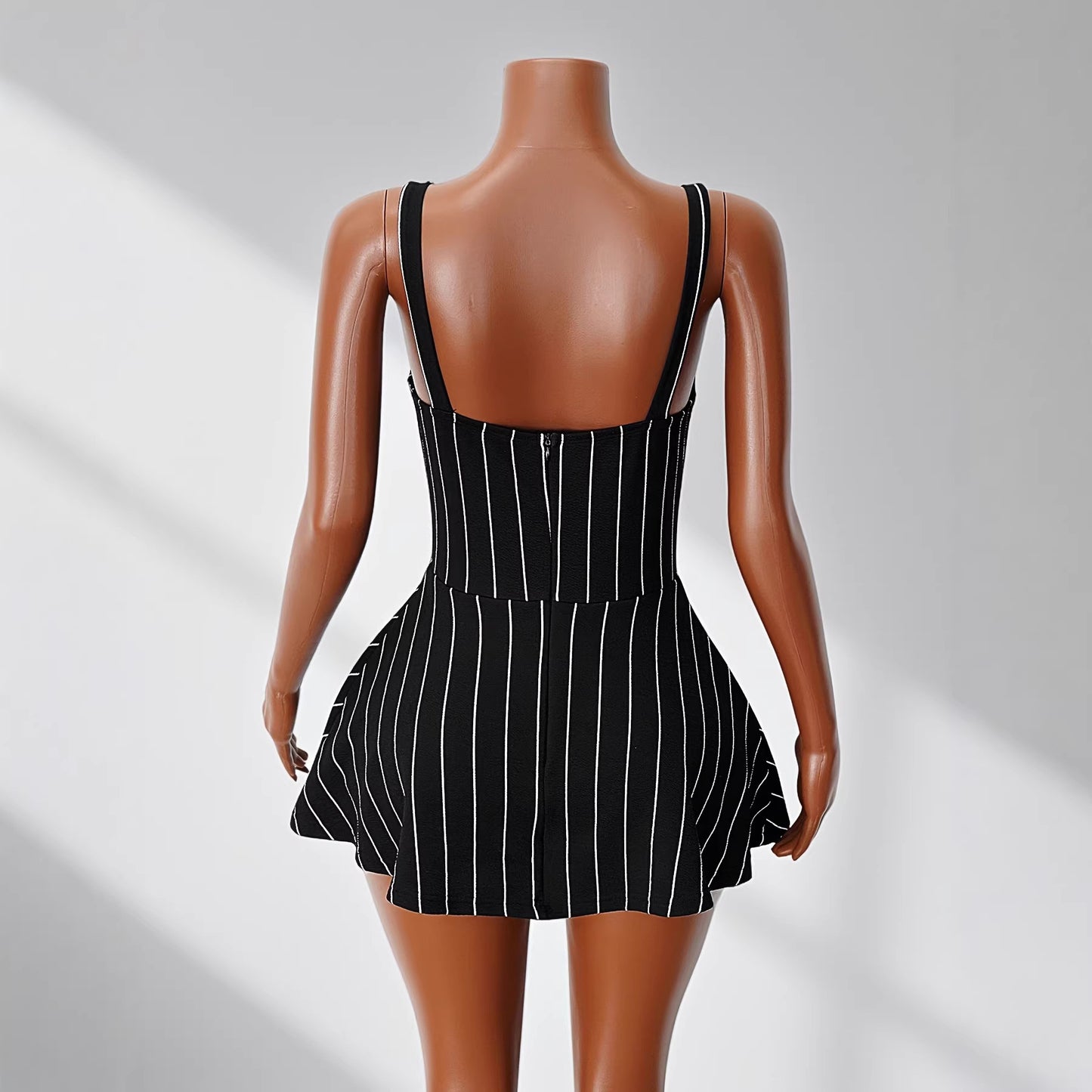 Strapped Striped Patchwork Dress With A Cinched Waist And A-line Silhouette