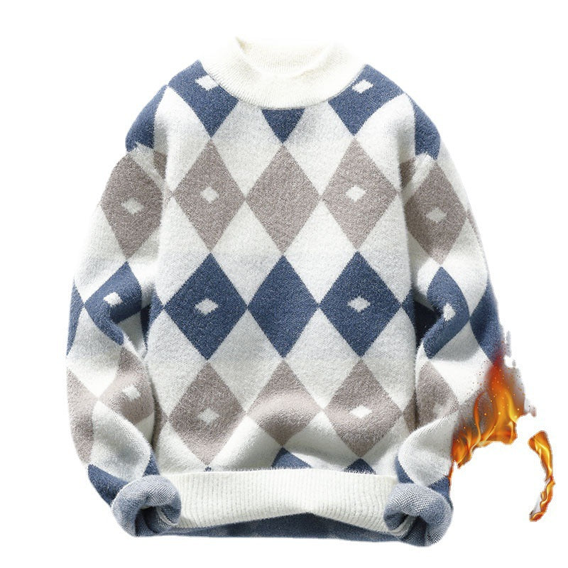 Personalized Knitting Men's Plush Thickened Top Long-sleeved Round Neck Sweater