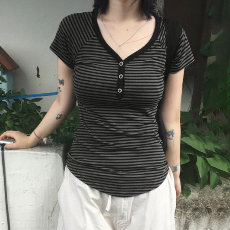 V-neck Double-breasted Slim-fit Casual Shirt Bottoming Shirt