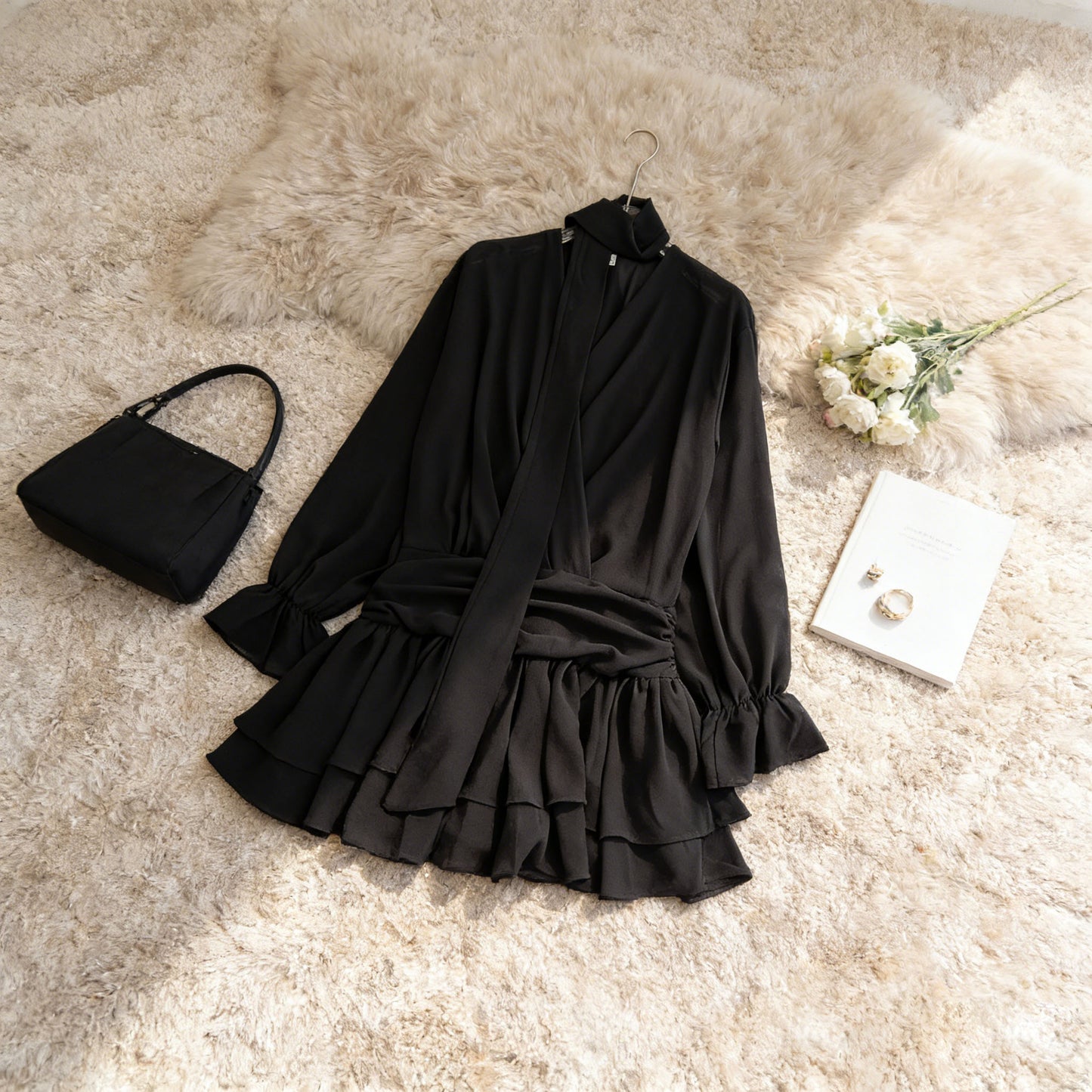New Chiffon Figure-flattering Short Skirt Black Dress