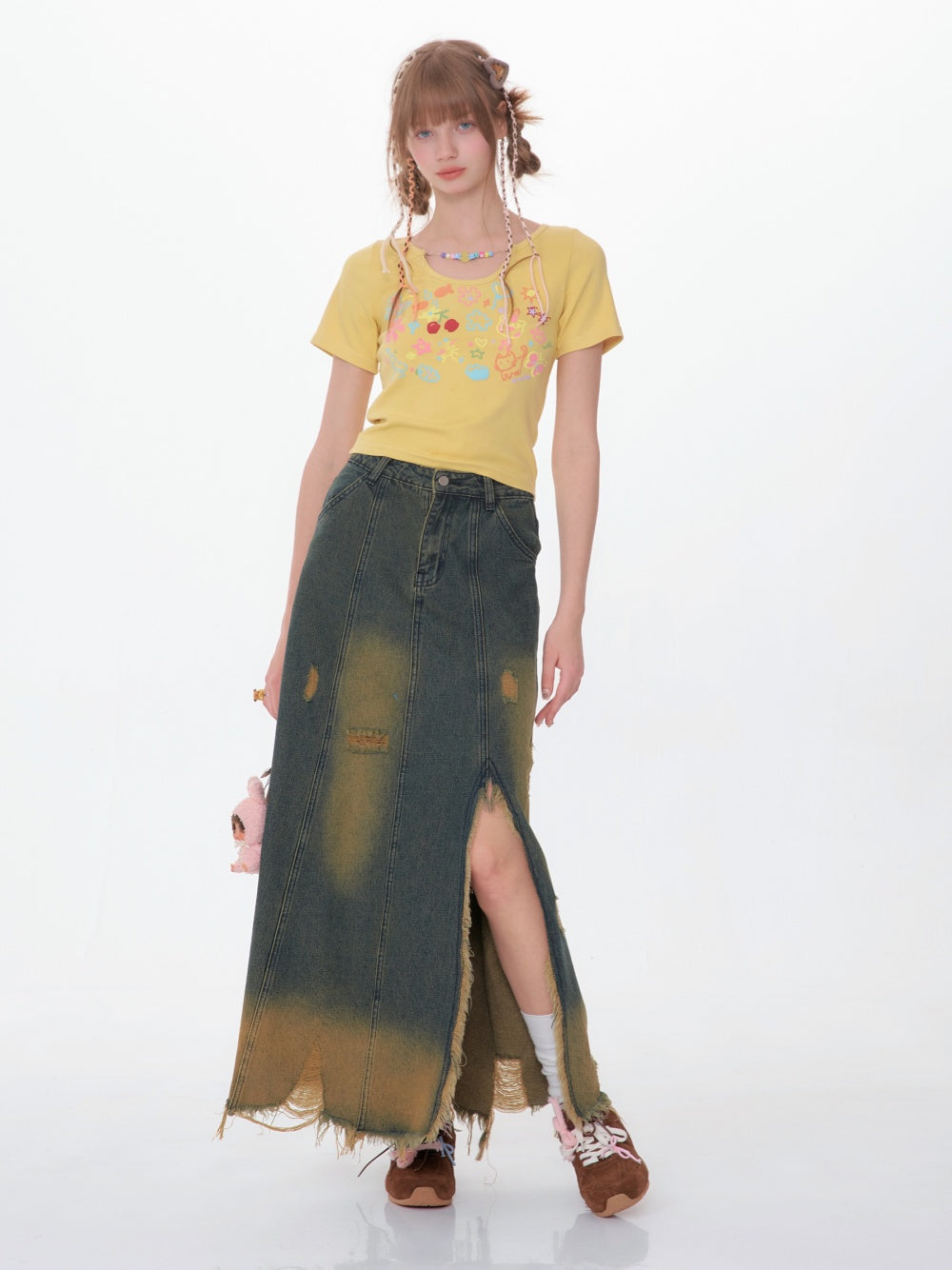 High Waist Mid-length Make Old Ripped Split Denim Skirt
