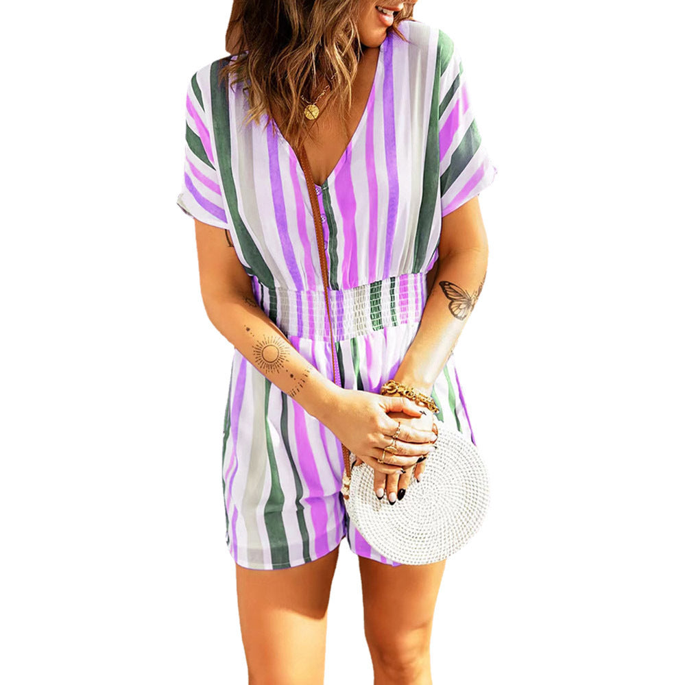Summer Fashion New Women's Elastic Waist Striped Women's Print V-Neck Button Bodysuit