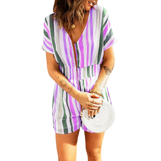 Summer Fashion New Women's Elastic Waist Striped Women's Print V-Neck Button Bodysuit