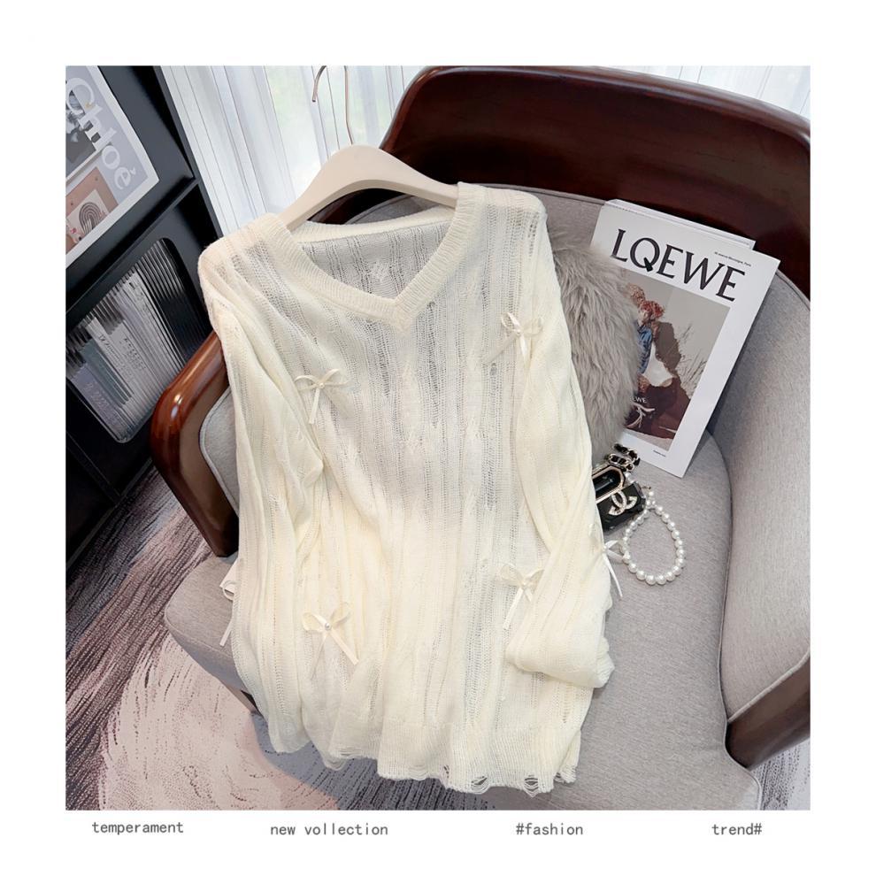 Irregular Hollow-out Blouse Bowknot Knitted Sweater