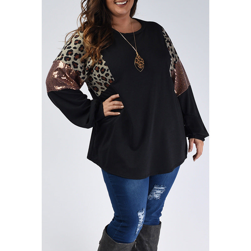 Plus Size Løs Slank Pasform Leopard Blomstret Print Langærmet Pullover