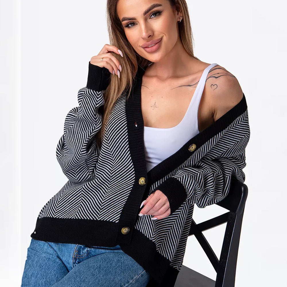 Contrast Striped Sweater Jacket, Long Sleeved Top