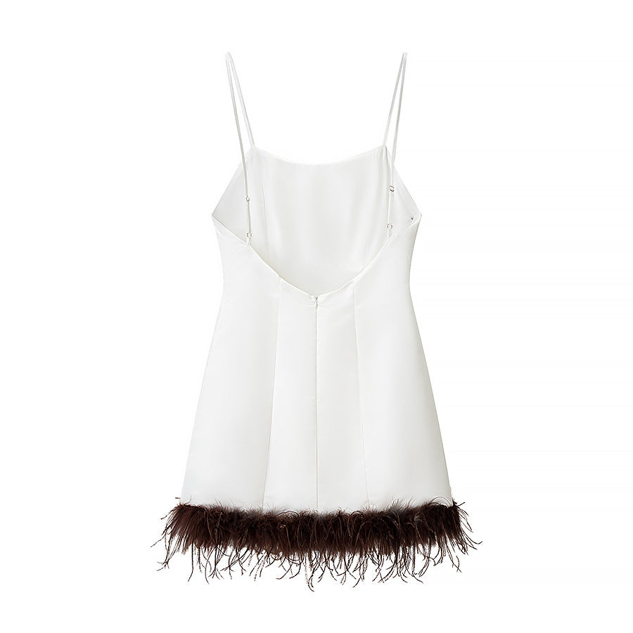 Backless Design With Fur Patchwork Suspender Dress
