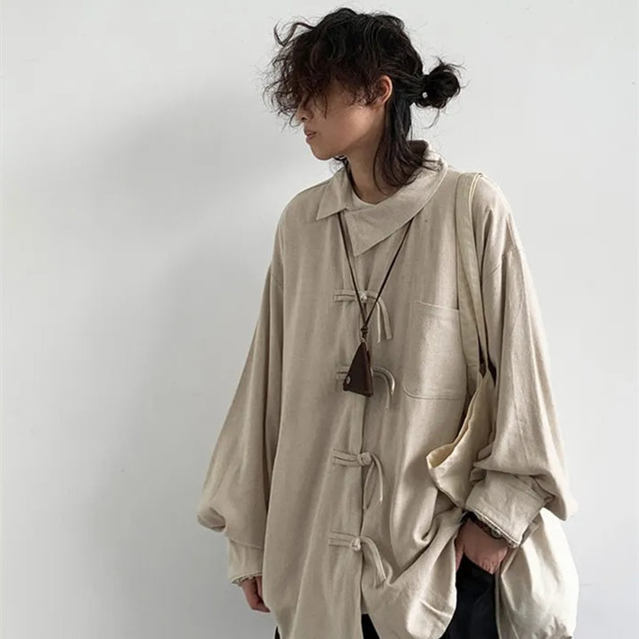 Boys' Cotton Linen Loose Button Diagonal Collar Long Sleeved Shirt Jacket