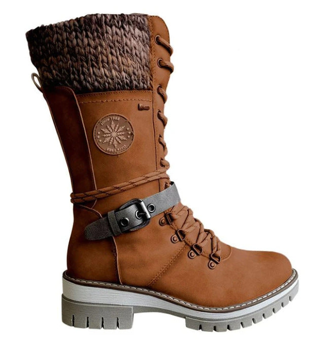 Round-toe Square-heel Leather-buckle Knit-mesh Dr Martens-style Boots