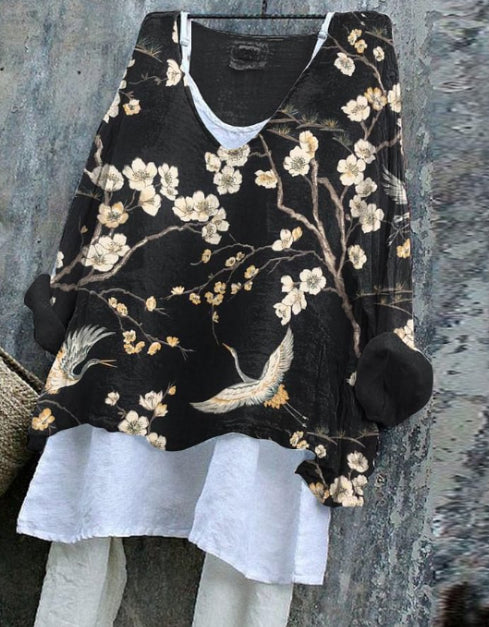 Women's Vintage Japanese Art Crane Floral Print Top