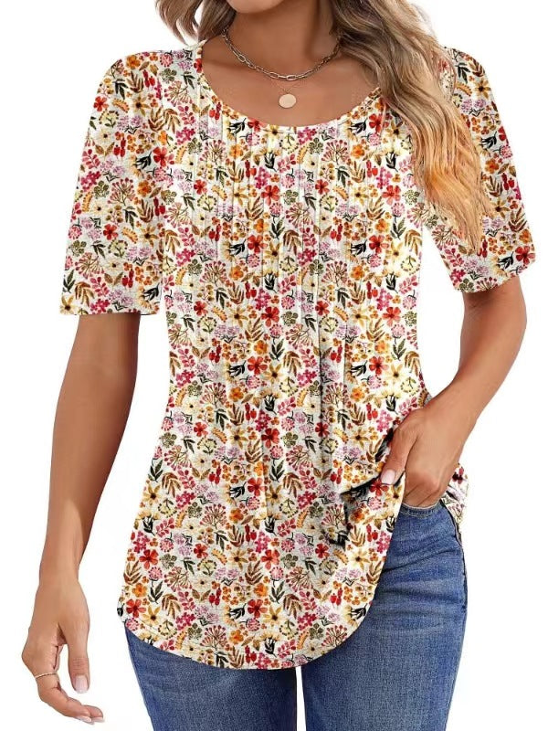 Round Neck Pleated Printed T-shirt