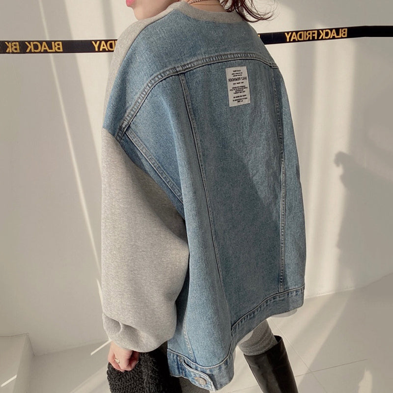 Women's Round Neck Letter Patch Denim Sweatshirt