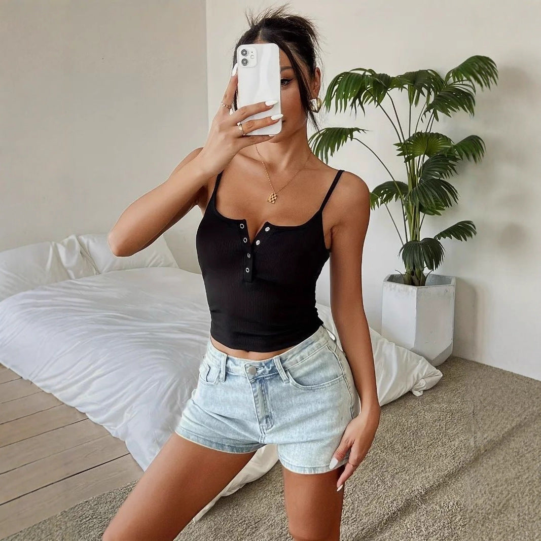 Solid-color Buttoned Cropped Camisole